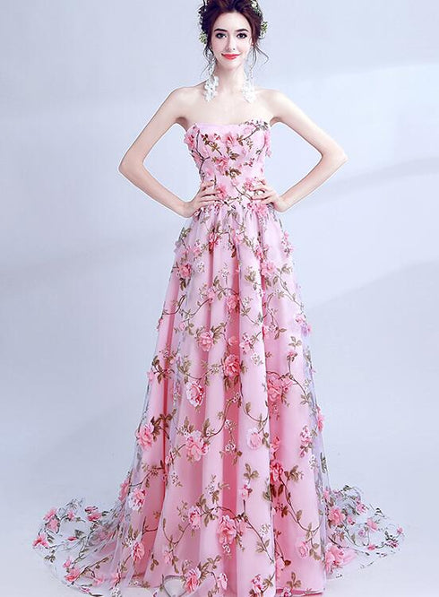 Pink Flowers Long Scoop A-line Lace-up Prom Dress, Long Party Dress Evening Dress