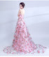 Pink Flowers Long Scoop A-line Lace-up Prom Dress, Long Party Dress Evening Dress
