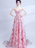 Pink Flowers Long Scoop A-line Lace-up Prom Dress, Long Party Dress Evening Dress