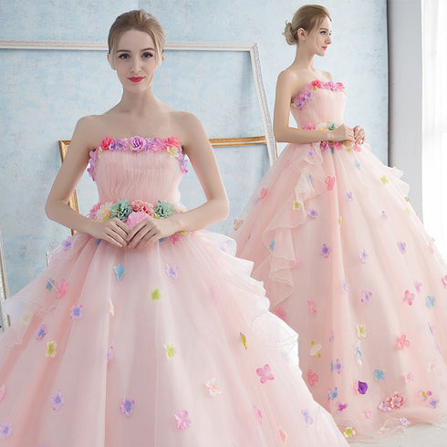 Pink Flowers Organza Ball Gown Sweet 16 Party Dress, Light Pink Formal Dress Party Dress