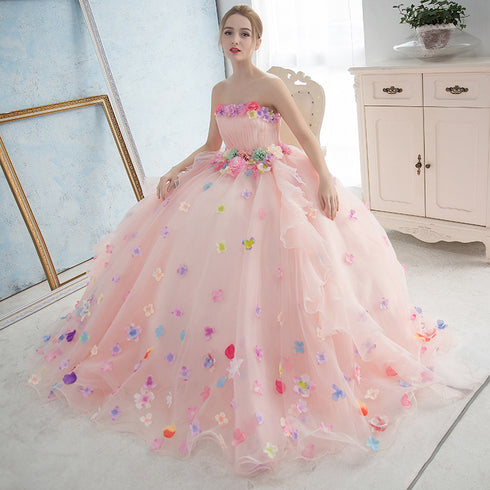 Pink Flowers Organza Ball Gown Sweet 16 Party Dress, Light Pink Formal Dress Party Dress