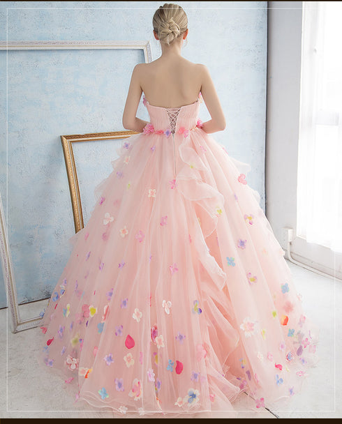 Pink Flowers Organza Ball Gown Sweet 16 Party Dress, Light Pink Formal Dress Party Dress