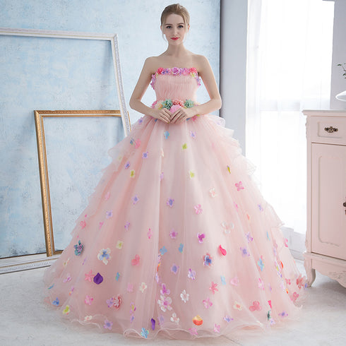 Pink Flowers Organza Ball Gown Sweet 16 Party Dress, Light Pink Formal Dress Party Dress