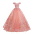 Pink Lace Flower Off Shoulder Sweet 16 Dress, Pink Long Prom Dresses Quinceaner Dress