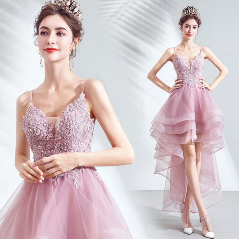 Pink Straps High Low V-neckline Tulle Lace and Beaded Prom Dress, Pink Homecoming Dress