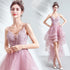 Pink Straps High Low V-neckline Tulle Lace and Beaded Prom Dress, Pink Homecoming Dress