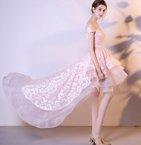 Pink Stylish High Low Lace and Organza Homecoming Dress, Pink Short Party Dress