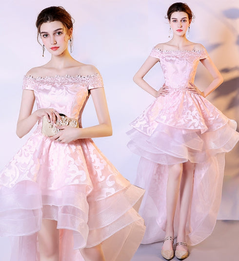 Pink Stylish High Low Lace and Organza Homecoming Dress, Pink Short Party Dress
