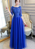 Blue Lace and Tulle 1/2 Sleeves Long A-line Bridesmaid Dress, Blue Party Dres Formal Dress