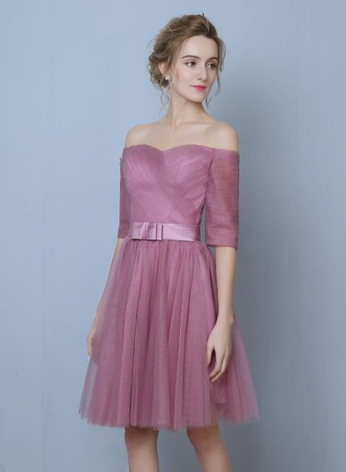 Pink Tulle Short Sleeves Short Bridesmaid Dresses, Pink A-line Homecoming Dress Formal Dress