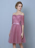 Pink Tulle Short Sleeves Short Bridesmaid Dresses, Pink A-line Homecoming Dress Formal Dress