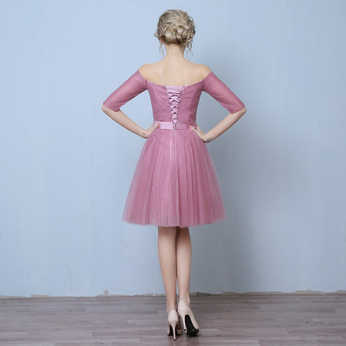 Pink Tulle Short Sleeves Short Bridesmaid Dresses, Pink A-line Homecoming Dress Formal Dress