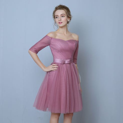 Pink Tulle Short Sleeves Short Bridesmaid Dresses, Pink A-line Homecoming Dress Formal Dress