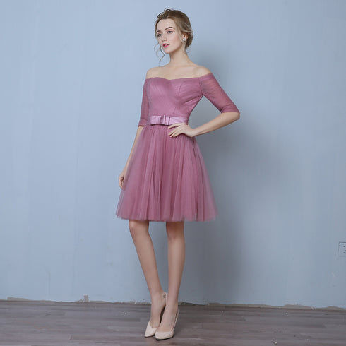 Pink Tulle Short Sleeves Short Bridesmaid Dresses, Pink A-line Homecoming Dress Formal Dress