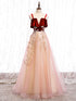 Pink Tulle and Velvet Long Lace Applique Straps Floor Length Party Dress, A-line Long Pink Prom Dress
