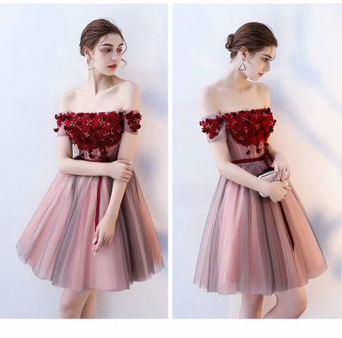 Pink and Grey Off Shoulder Lace Flowers Short Party Dress, Off Shoulder New Homecoming Dresses