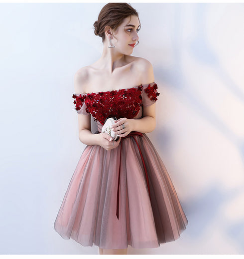 Pink and Grey Off Shoulder Lace Flowers Short Party Dress, Off Shoulder New Homecoming Dresses