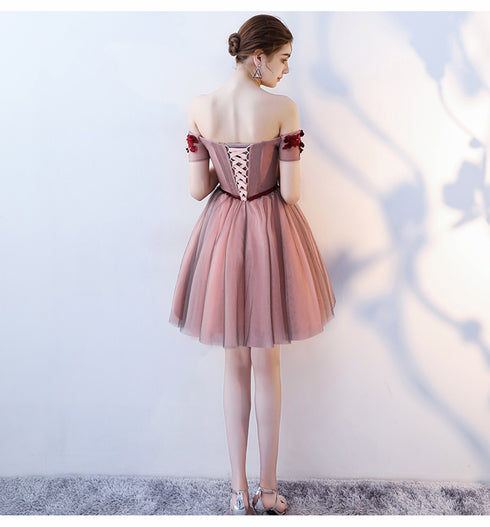 Pink and Grey Off Shoulder Lace Flowers Short Party Dress, Off Shoulder New Homecoming Dresses