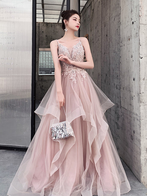 Pink Layers Tulle V-neckline Straps Prom Dress, Pink Tulle Prom Dress