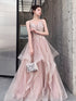 Pink Layers Tulle V-neckline Straps Prom Dress, Pink Tulle Prom Dress