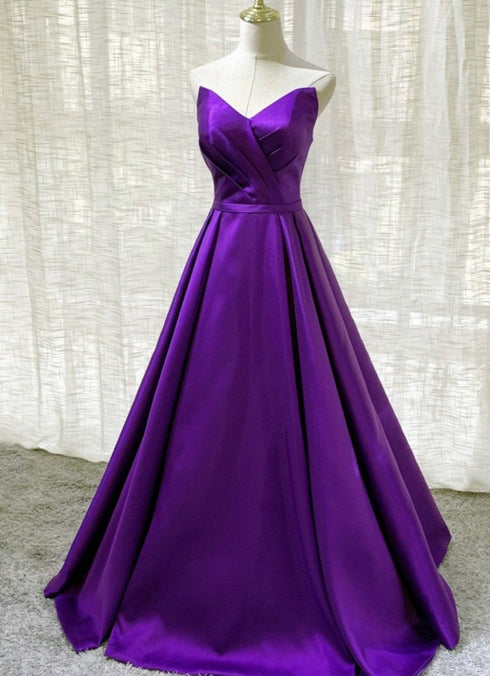 Purple Satin A-line Simple Floor Length Evening Dress Formal Dress, Dark Purple Prom Dresses