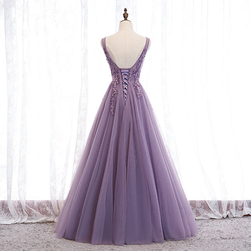 Purple V-neckline Tulle with Lace Floor Length Party Dress Evening Dress,Purple Prom Dress