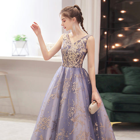 Purple V-neckline with Gold Lace Applique Tulle Prom Dress, A-line Purple Formal Dress Evening Dress