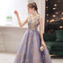 Purple V-neckline with Gold Lace Applique Tulle Prom Dress, A-line Purple Formal Dress Evening Dress