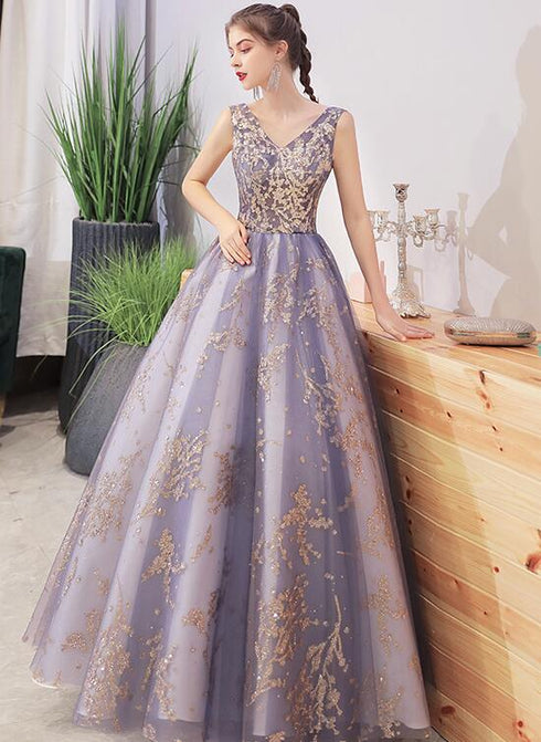 Purple V-neckline with Gold Lace Applique Tulle Prom Dress, A-line Purple Formal Dress Evening Dress