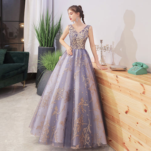 Purple V-neckline with Gold Lace Applique Tulle Prom Dress, A-line Purple Formal Dress Evening Dress