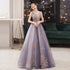 Purple V-neckline with Gold Lace Applique Tulle Prom Dress, A-line Purple Formal Dress Evening Dress