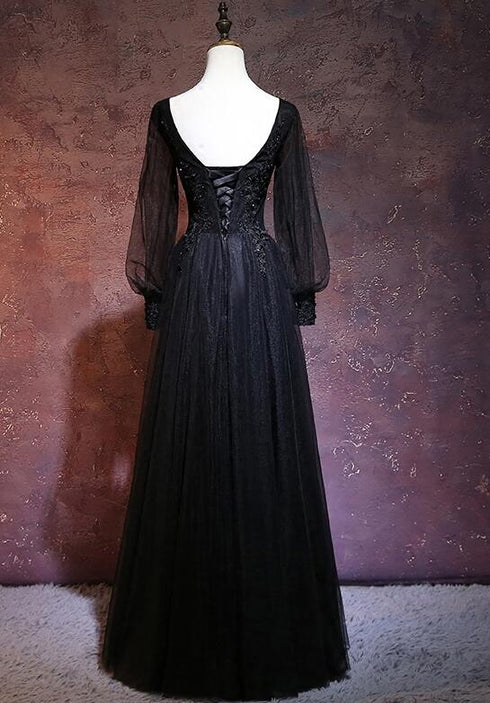 Beautiful Black Long Sleeves V-neckline Evening Dress, Black Prom Dress
