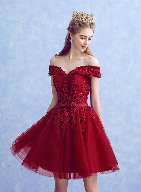 Wine Red Tulle with Lace Applique Party Dress, Dark Red Homecoming Dress