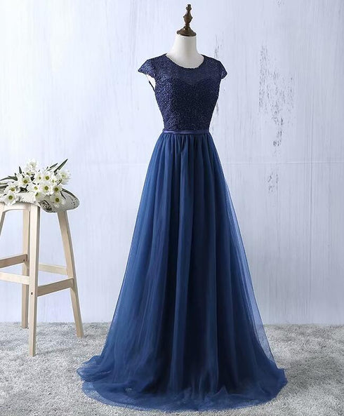 Beautiful Navy Blue Tulle Long Bridesmaid Dresses, Navy Blue Bridesmaid Dresses