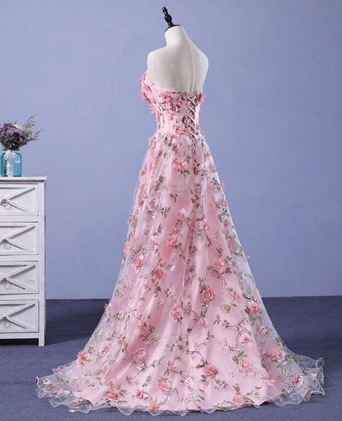 Pink Long A-line Flowers Evening Dress, Pink Party Dress Prom Dress
