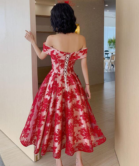 Red Lace Off Shoulder Tea Length Bridesmaid Dress, Lace Party Dress Prom Dress