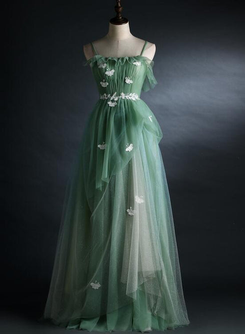 Light Green Gradient Straps Long A-line Prom Dress, Beautiful Evening Dress Party Dresses