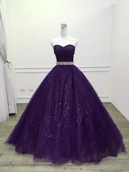 Beautiful Shiny Purple Tulle Beaded Ball Gonw Party Dress, Purple Prom Dresses