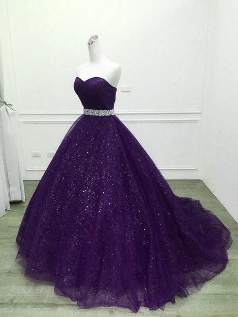 Beautiful Shiny Purple Tulle Beaded Ball Gonw Party Dress, Purple Prom Dresses