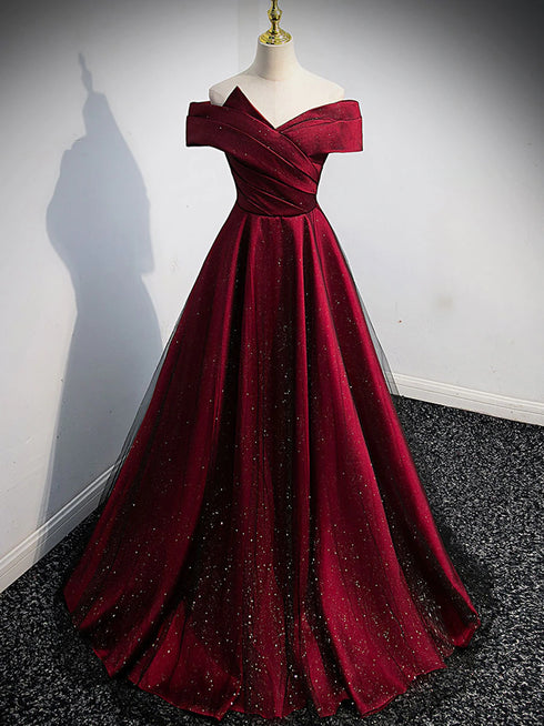 Gorgeous Wine Red Satin Off Shoulder Party Dress , Beautiful Wine Red Prom Dresses
