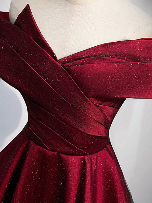 Gorgeous Wine Red Satin Off Shoulder Party Dress , Beautiful Wine Red Prom Dresses