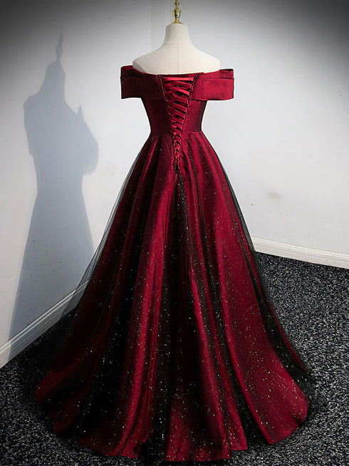Gorgeous Wine Red Satin Off Shoulder Party Dress , Beautiful Wine Red Prom Dresses