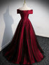 Gorgeous Wine Red Satin Off Shoulder Party Dress , Beautiful Wine Red Prom Dresses
