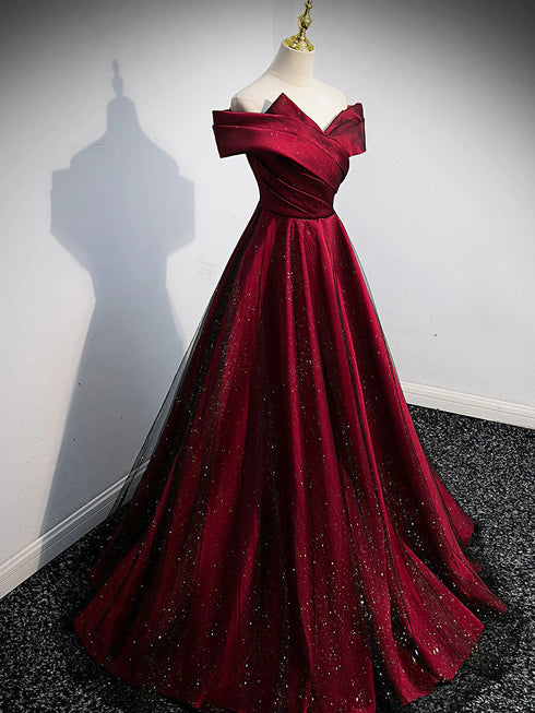 Gorgeous Wine Red Satin Off Shoulder Party Dress , Beautiful Wine Red Prom Dresses