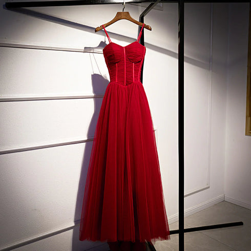 Beautiful Wine Red Tulle Long Straps Party Dress Prom Dress, A-line Dark Red Formal Gown