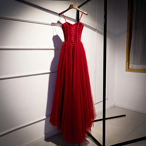 Beautiful Wine Red Tulle Long Straps Party Dress Prom Dress, A-line Dark Red Formal Gown