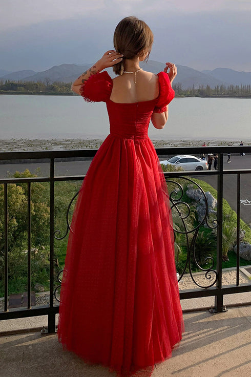 Beautiful Red Short Sleeves Tulle Prom Dress Party Dress, Red Evening Gown Formal Dresses