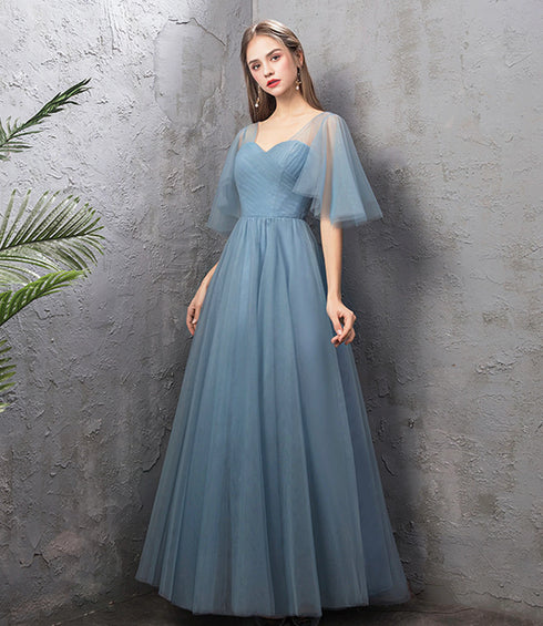 Blue Tulle Long Evening Simple Party Dresses, Blue Formal Gown Bridesmaid Dresses