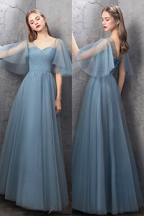 Blue Tulle Long Evening Simple Party Dresses, Blue Formal Gown Bridesmaid Dresses