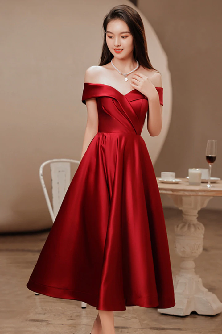Red Bridesmaid Dresses Tea Length Tea-Length High Neck Sleeveless Stretch Satin Bridesmaid Dresses